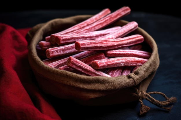 Closeup shot of candy canes in a velvet pouch