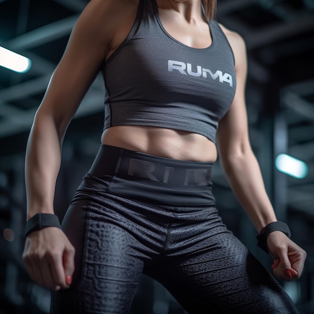 A closeup shot captures the athletic and defined abdomen of a woman adorned in fitness clothing