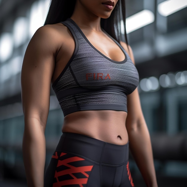 На снимке крупным планом запечатлен спортивный и очерченный живот женщины, одетой в одежду для фитнеса.