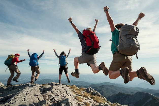 A closeup shot captures the exhilarating moment as 3 hikersadorned with backpacks