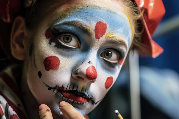 Photo a closeup shot capturing the detailed makeup application on a childs face backstage