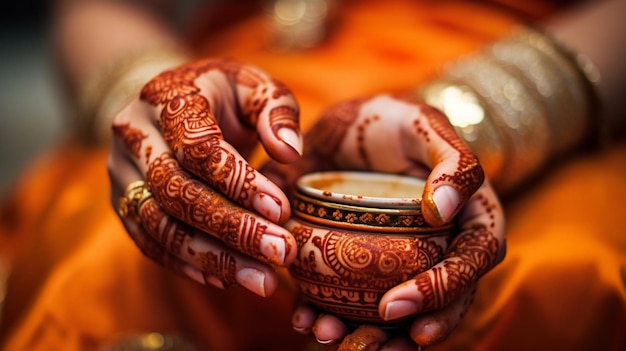 A closeup shot capturing the intricate henna designs on a woman's hands during Teej The delicate p