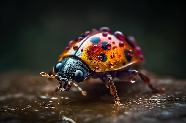 Closeup shot capturing a ladybug adorned with water droplets