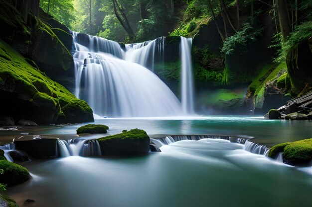 A closeup shot of a cascading waterfall surrounded by excessive greenery Creative resource AI Generated