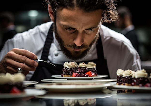 Foto un primo piano del volto di un catering cattura la concentrazione e la passione nei loro occhi mentre m