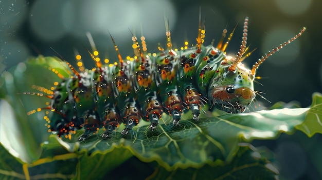 Photo closeup shot of a caterpillar standing on green leaf