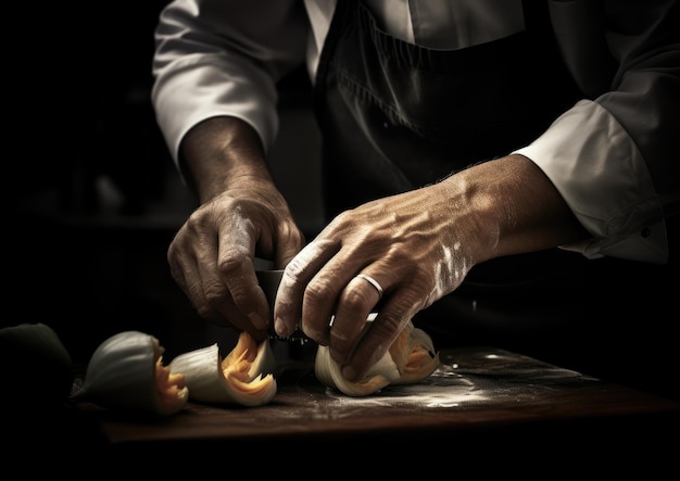 Foto un primo piano delle mani di uno chef che sbuccia abilmente una zucca catturando il momento preciso