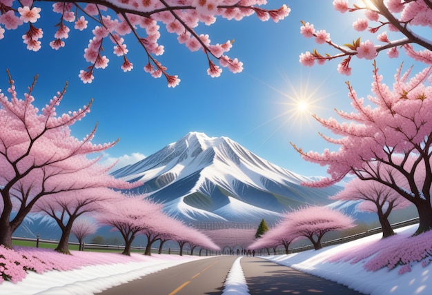 富士山を背景にした桜の花のクローズアップ写真