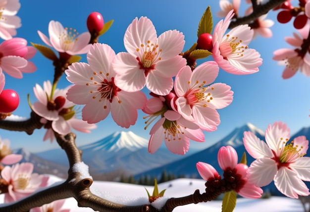 Близкий снимок цветущих вишней с горой Фудзи на заднем плане