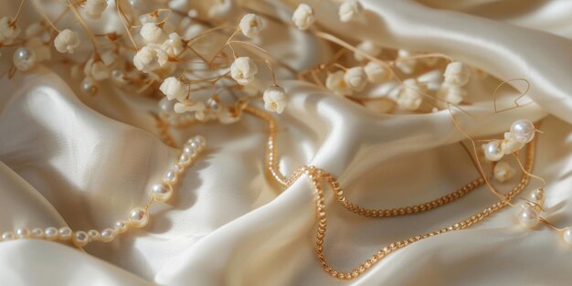 Близкий снимок шикарного и минималистского золотого ожерелья с жемчугом на драпированной шелковой ткани из слоновой кости, подчеркнутой расположением искусственных жемчужных ягод для прикосновения элегантности