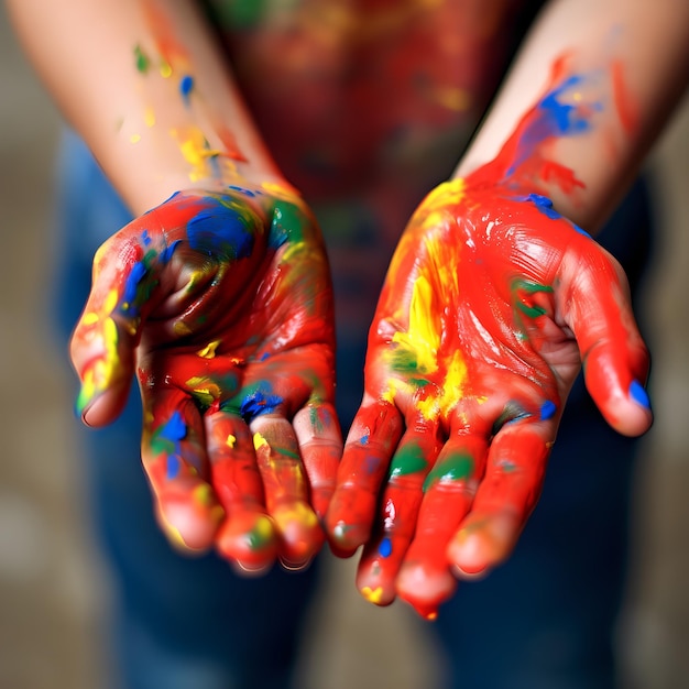 페인트로 덮이거나 크레용을 들고 있는 어린이의 손이 클로즈업되어 창의력을 보여줍니다.