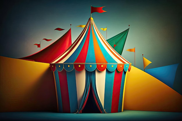 A closeup shot of a circus tent with a clown nose juggling pins and other circus props in the foreground against a bright and colorful background Generated by AI