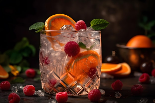 Closeup shot of cocktail with ice and fruit garnishes Generative Ai