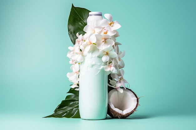 Closeup shot of a coconut water bottle with condensation on the surface