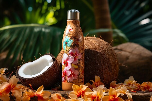 Closeup shot of a coconut water bottle with condensation on the surface