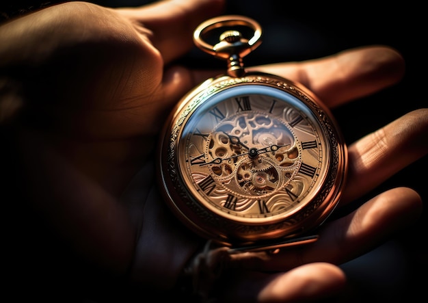 A closeup shot of a collector's hand delicately holding a vintage pocket watch capturing the