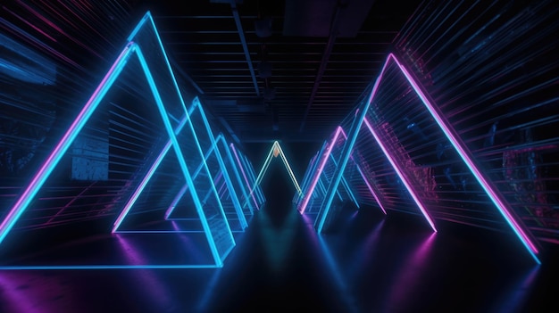 원근감 있는 Generative AI AIG21에서 삼각형 모양을 형성하는 다채로운 네온 불빛의 클로즈업 샷