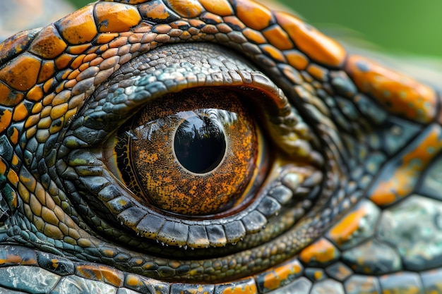 CloseUp Shot of a Colorful Reptilian Eye Highlighting the Intricate Scales and Texture in Vivid