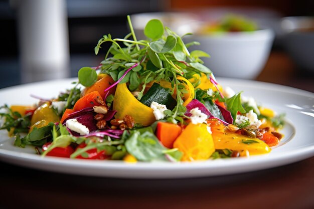 Closeup shot of a colorful salad on a white dish