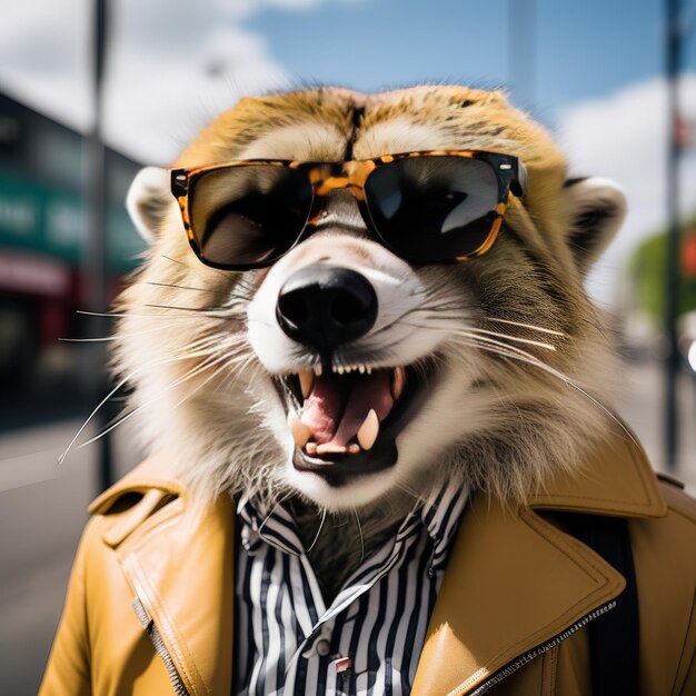 a closeup shot of a cool panda in sunglasses and sunglasses posing on the streets close up shot