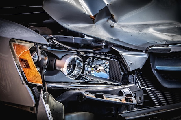 Closeup shot of a crashed cars front