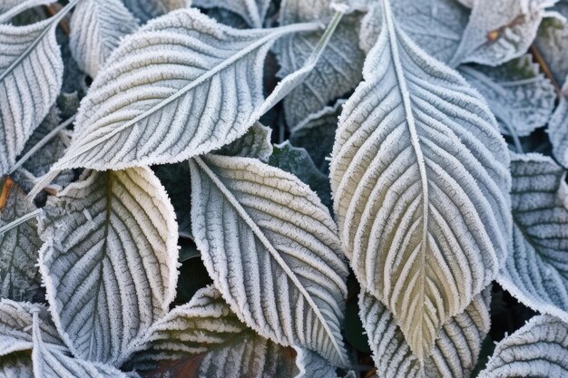 Photo closeup shot of crisply frosted morning leaves