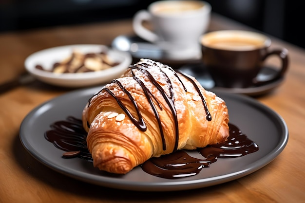 Photo closeup shot of a croissant on a plate covered in chocolate in a cafe