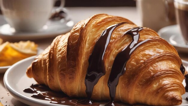 Closeup shot of a croissant on a plate covered in chocolate in a cafe