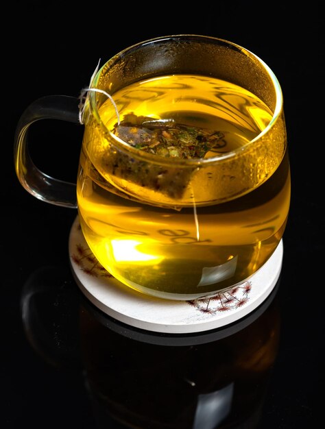 closeup shot of a cup of yellow herbal floral tea