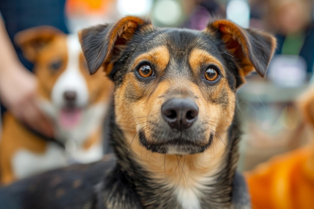 Близкий снимок милой внимательной собаки смешанной породы с выразительными глазами и бдительными ушами
