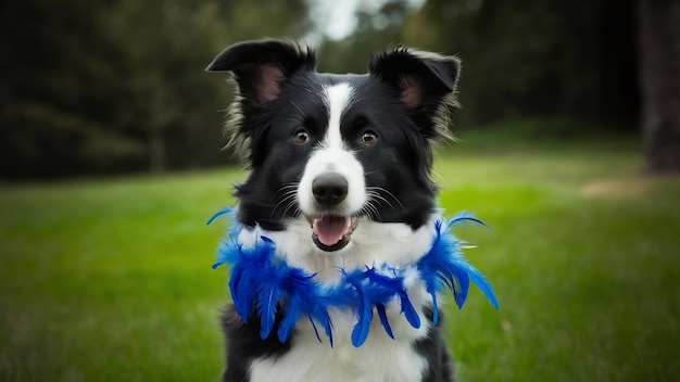 Closeup shot of a cute border collie dog with a string of blue feathers around its neck