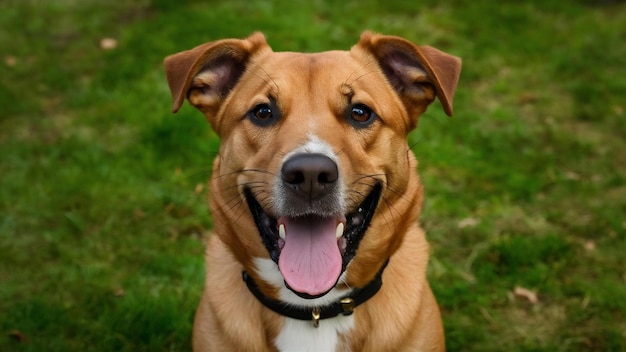 Closeup shot of a cute brown dog sticking out its tongue