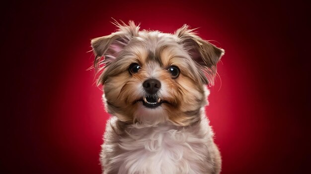 Closeup shot of a cute dog on a red background