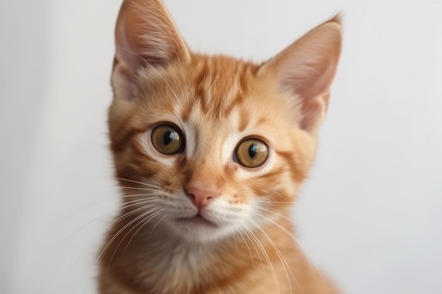 Closeup shot of a cute ginger kitten staring at the camera isolated on a white wall