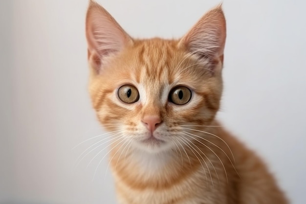 Closeup shot of a cute ginger kitten staring at the camera isolated on a white wall