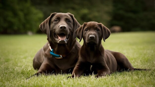 Closeup shot of a dark brown labrador puppy with mother isolated