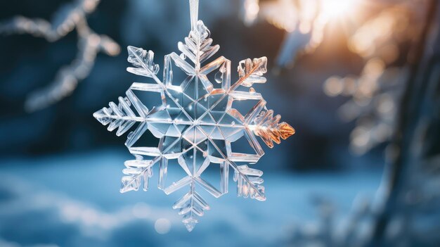 繊細なガラスの雪の結晶の飾りのクローズアップショット