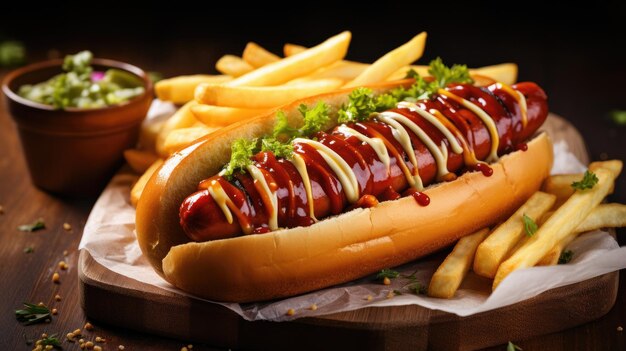 A closeup shot of a delicious hot dog covered in ketchup mustard and relish