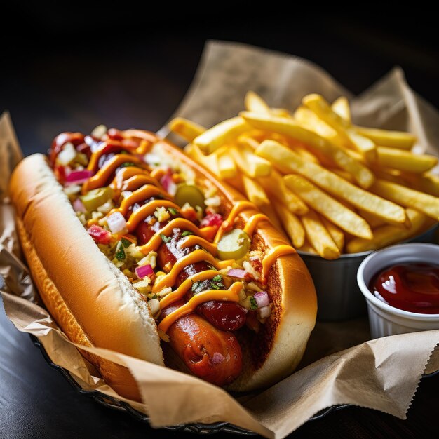 A closeup shot of a delicious hot dog covered in ketchup mustard and relish