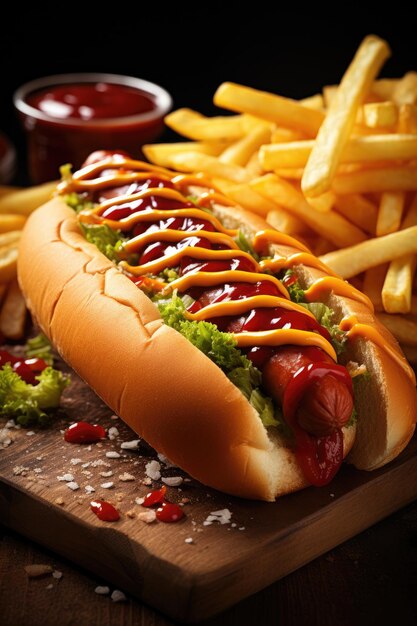 A closeup shot of a delicious hot dog covered in ketchup mustard and relish