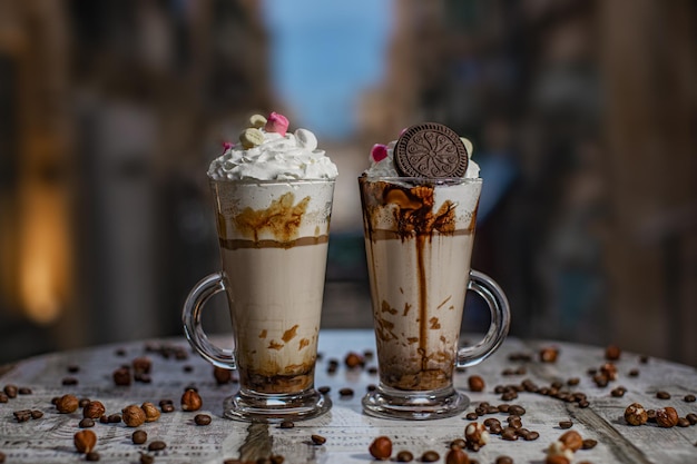 Closeup shot of a delicious Milkshake in a glass cups with blurred background