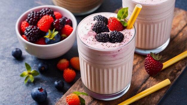 Близкий снимок вкусного молочного коктейля с разными ягодами в миске рядом с ним