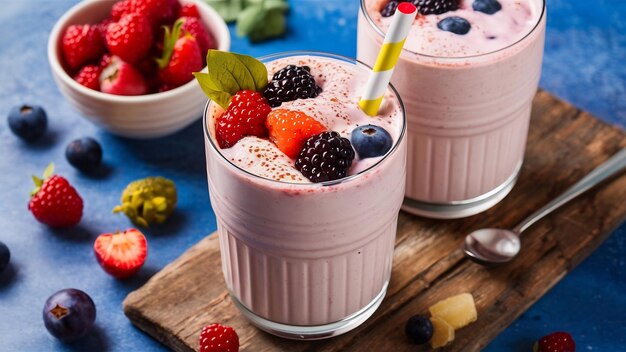 Closeup shot of a delicious mix berry milkshake with different berries in a bowl next to it