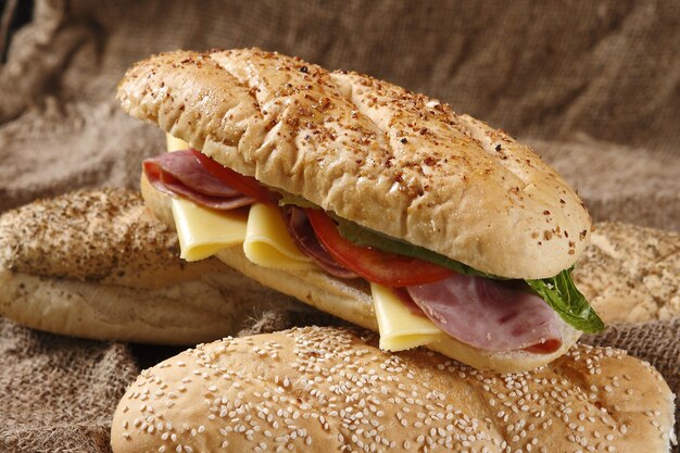 Closeup shot of a delicious sandwich with ham, cheese, tomatoes and lettuce