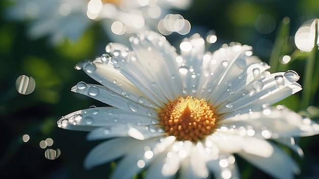 A closeup shot of a dewcovered daisy