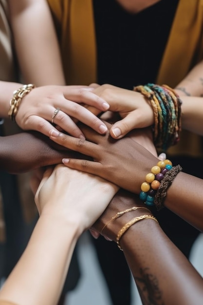 Foto colpo del primo piano di un gruppo eterogeneo di persone sorridenti che si tengono per mano insieme creato con l'ia generativa