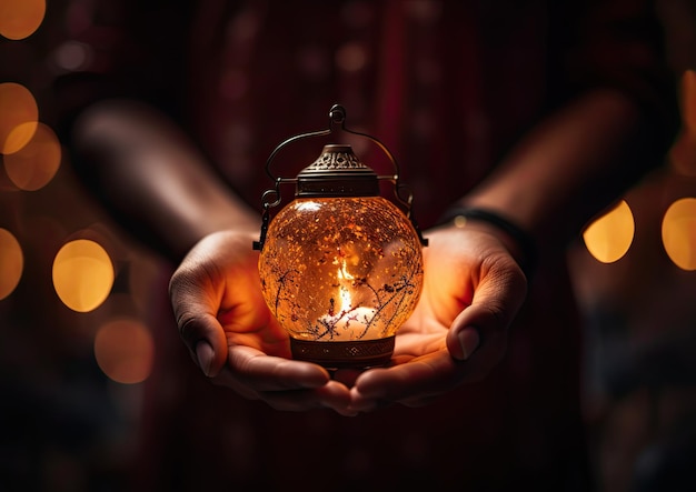 Foto uno scatto in primo piano di una lampada a olio diwali catturata come un selfie con la mano del fotografo che la tiene