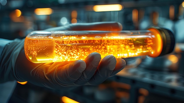 A closeup shot of a doctor39s hands holding a test tube up to the light studying the reaction wit