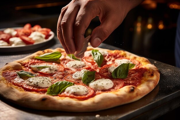 Closeup shot of dough being stretched for a Margherita pizza