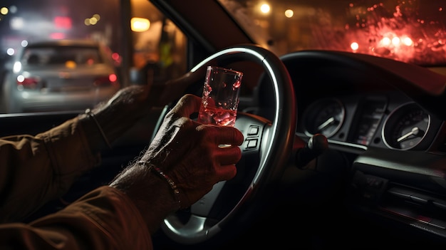 Closeup shot of a driver's hand holding an alcoholic drink